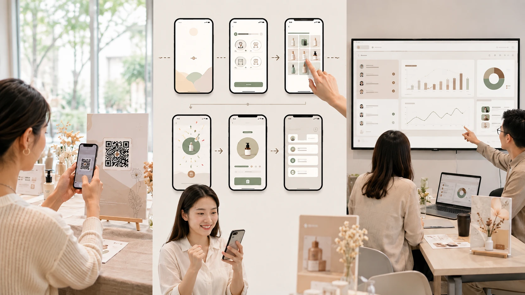 使用者從手機活動入口完成品牌遊戲、取得成果並進入分享或服務下一步，團隊在後台接續處理。
