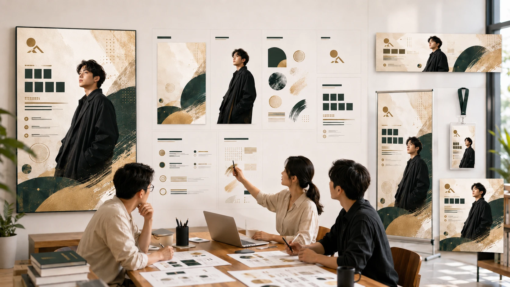 扁平 AI 海報被拆解成背景、人物、Logo、文字和圖形，再延展成多種活動尺寸。