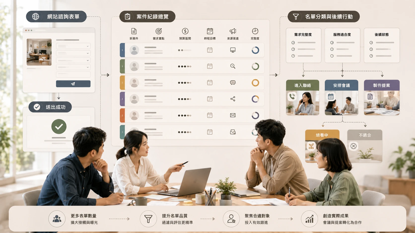 網站表單送出後，團隊依需求完整度、服務適合度與後續進度判斷名單品質。