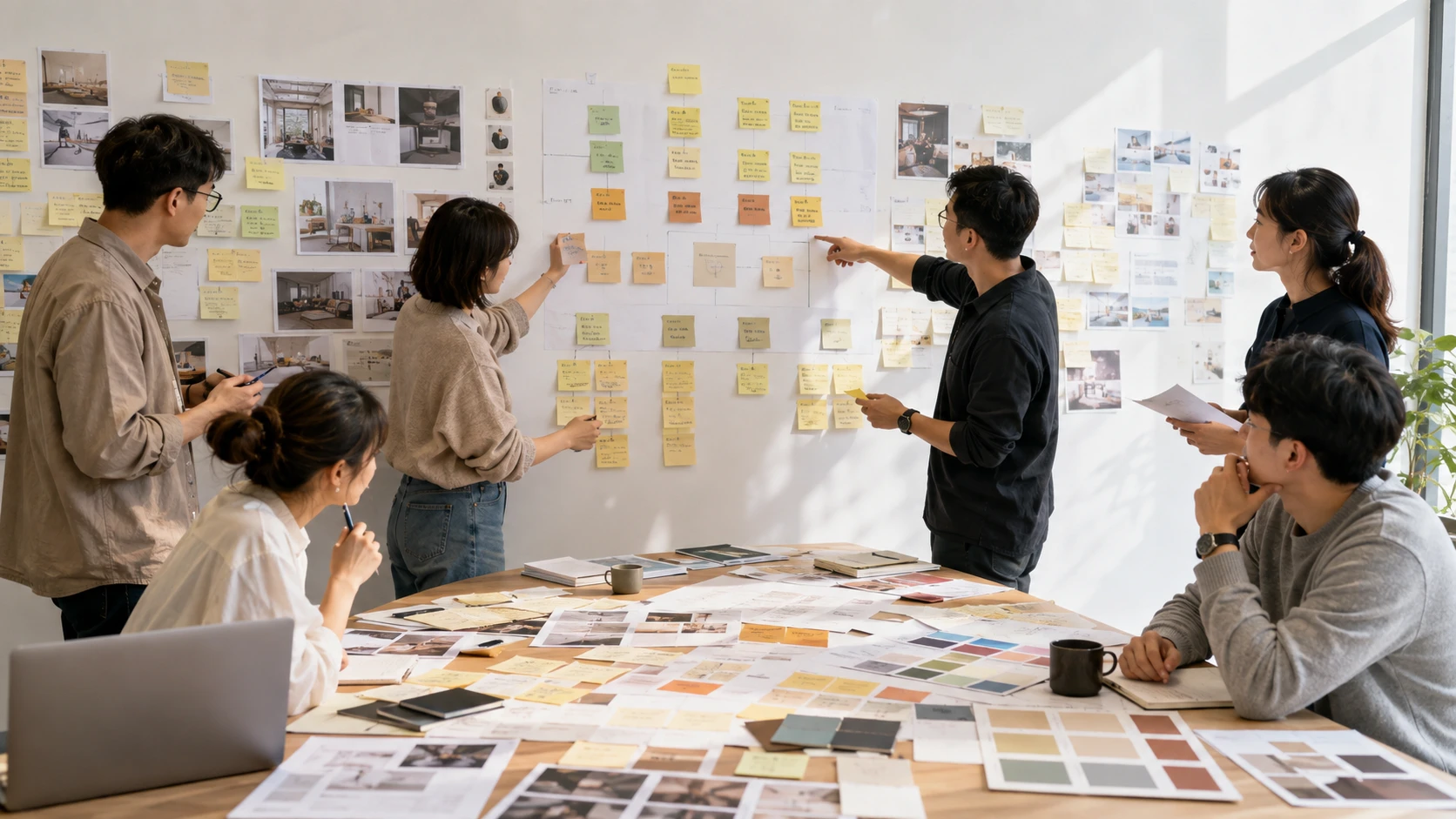 品牌團隊將零散的客戶問題、服務想法與視覺資料整理成清楚的品牌核心。