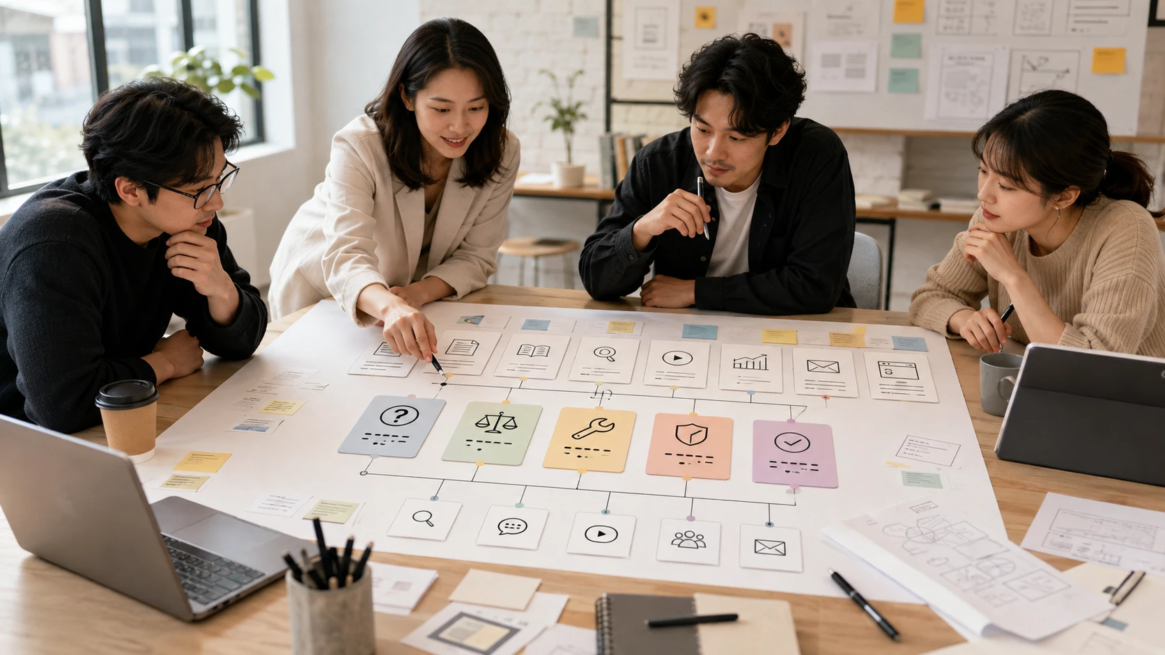 受眾的理解、比較和決策問題，分別配對文章、案例、影片、圖卡與適合的分發渠道。