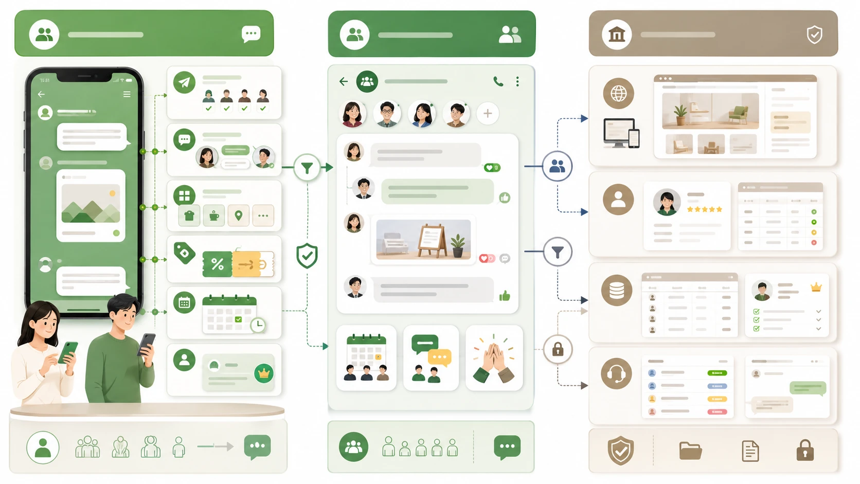 LINE OA 負責分眾和個別服務，LINE 群組負責成員交流，網站與 CRM 保存正式顧客資料。