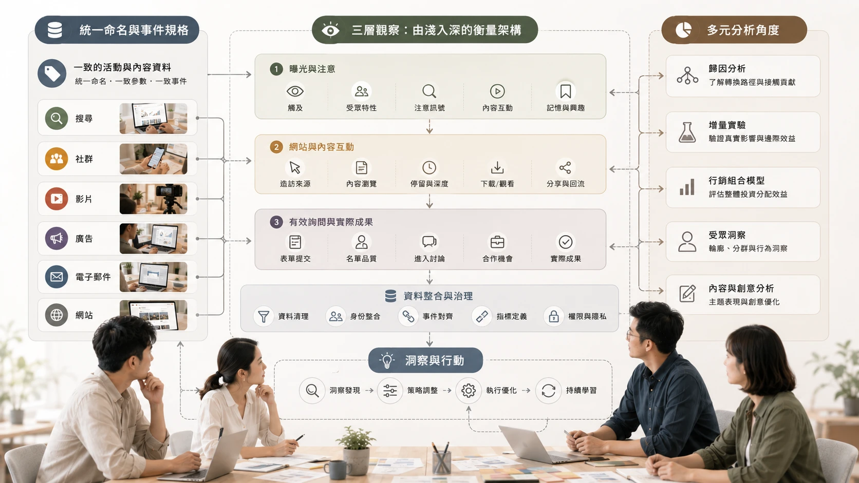 搜尋、社群、廣告和網站資料依曝光、互動與實際成果分層，再使用不同方法衡量影響。