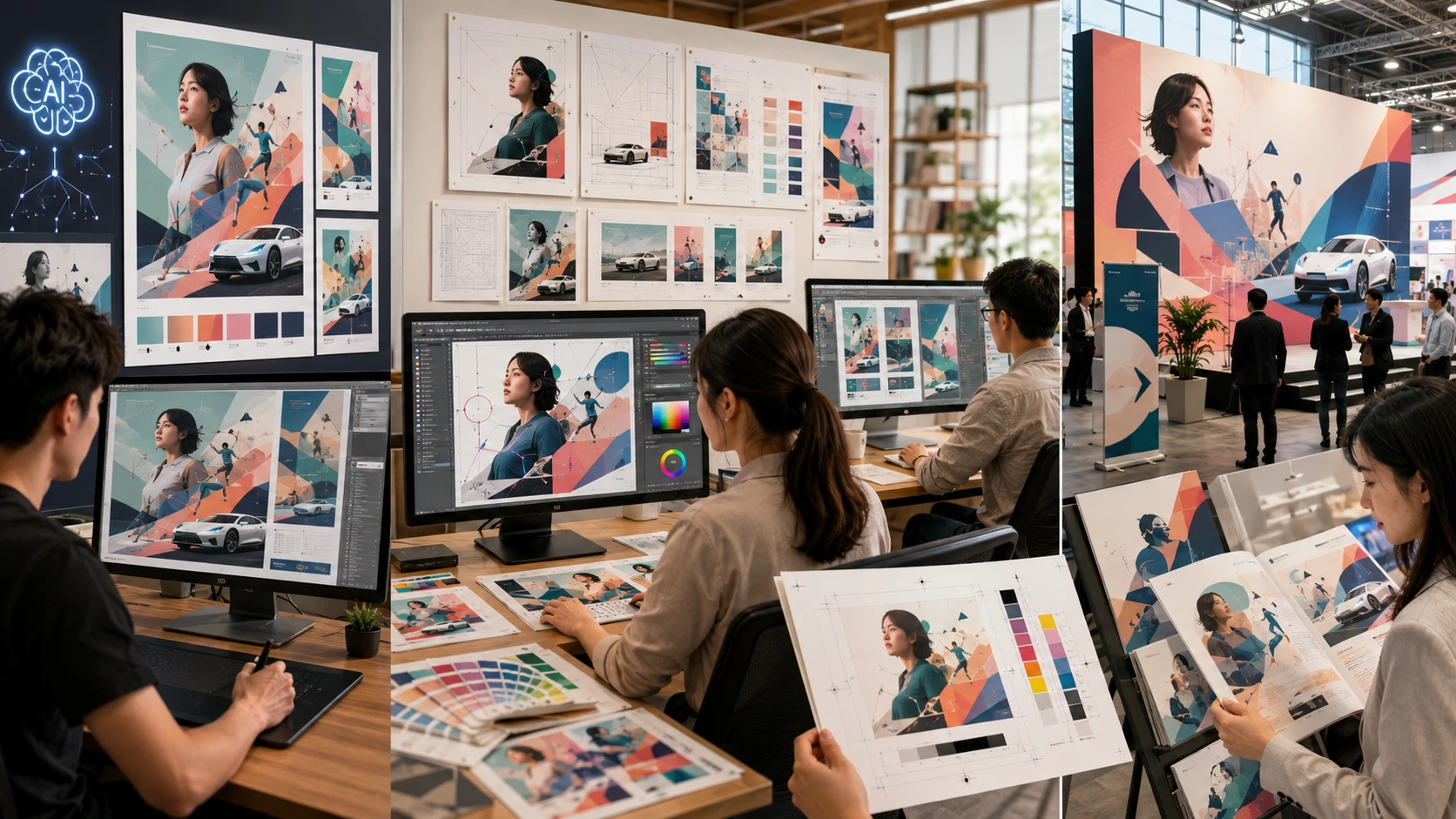 AI 概念圖經解析度修復、向量重建、版面延展、校色與預檢後，轉成海報和會展輸出。