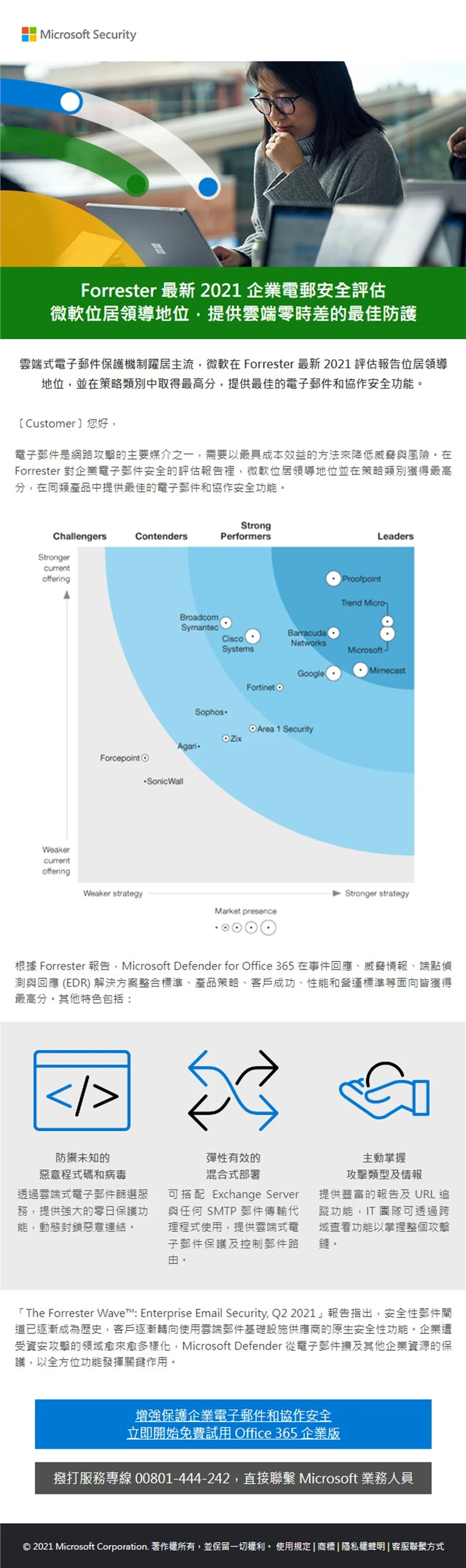 Forrester 最新 2021 企業電郵安全評估，微軟位居領導地位，提供雲端零時差的最佳防護案例主圖，呈現品牌網站與數位平台