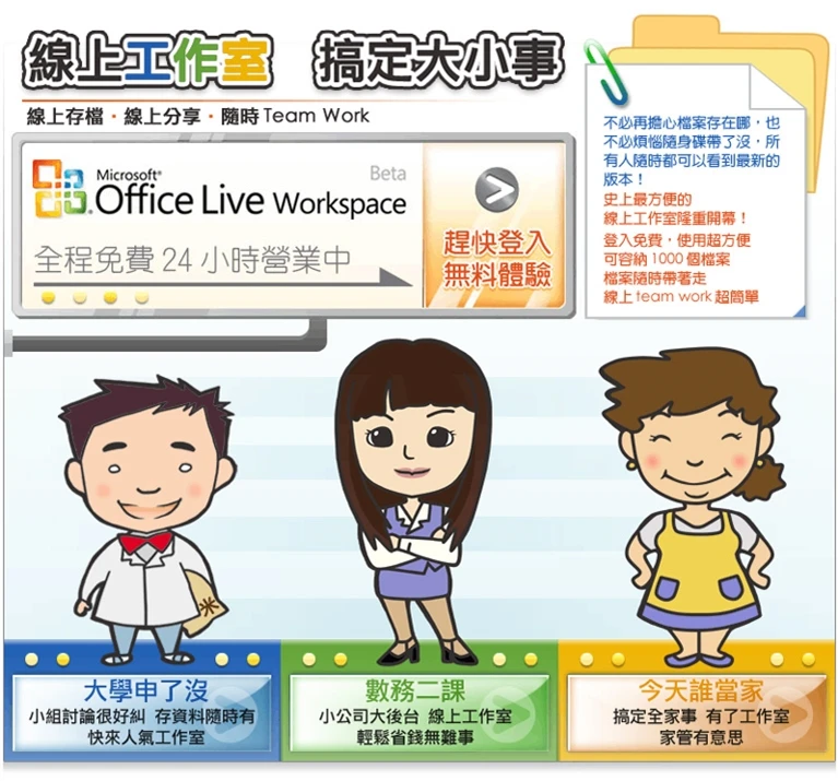 線上工作室 搞定大小事 Microsoft Office Live Workspace 案例主圖，明亮橘綠色版面以三位角色、功能圖示與 Office Live Workspace 操作入口說明使用方式