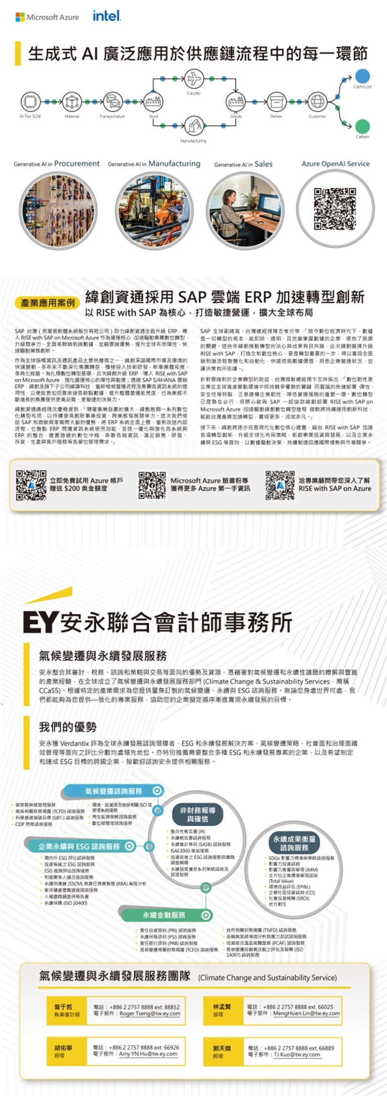 微軟 SAP AI 產品宣傳單案例主圖，直式長版以流程圖、案例區塊與圖表分段，Microsoft 與合作品牌識別位於明確位置